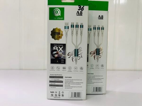 Charging Cable 3 in 1 Type C, Iphone & Android A8 Audio Vision 120W
